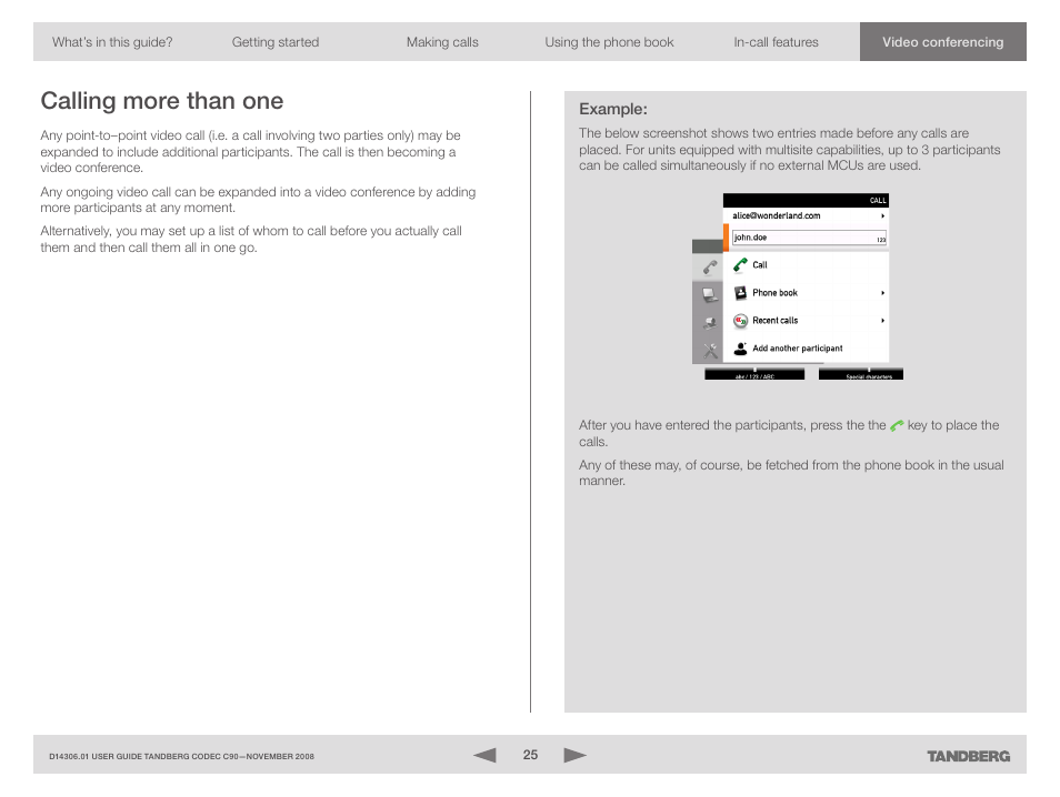 Calling more than one, Example | TANDBERG Codec C90 D14306.01 User Manual | Page 25 / 26
