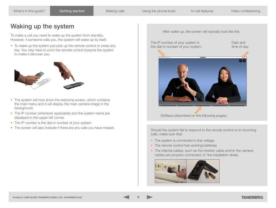 Waking up the system | TANDBERG Codec C90 D14306.01 User Manual | Page 4 / 26