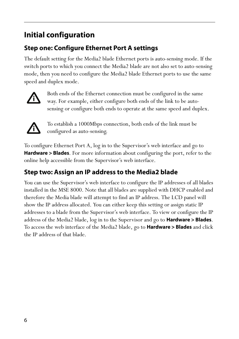 Initial configuration, Step one: configure ethernet port a settings, Step two: assign an ip address to the media2 blade | TANDBERG Media2 Blade MSE 8510 User Manual | Page 10 / 18