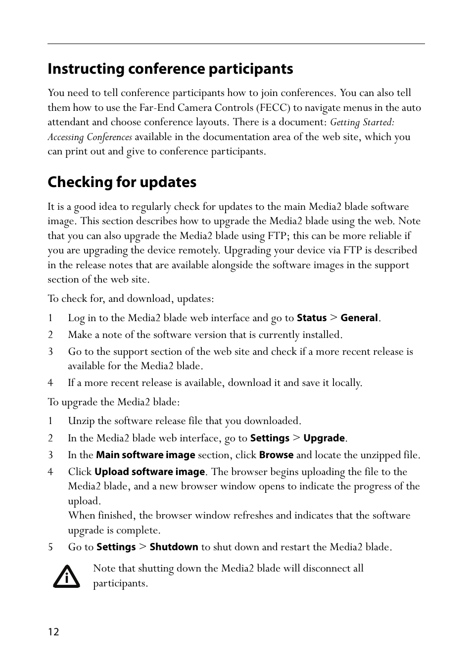 Instructing conference participants, Checking for updates | TANDBERG Media2 Blade MSE 8510 User Manual | Page 16 / 18