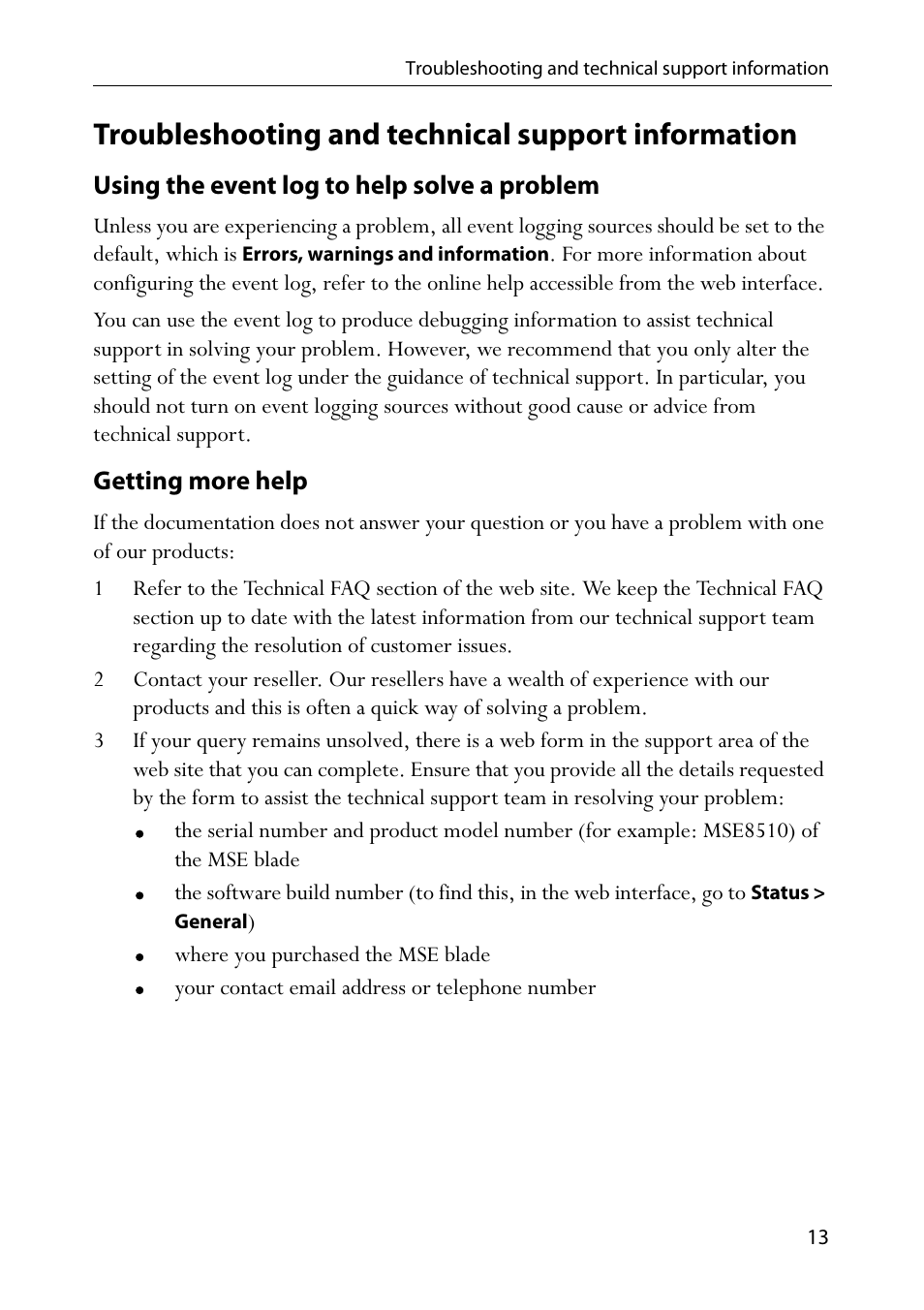 Troubleshooting and technical support information, Using the event log to help solve a problem, Getting more help | TANDBERG Media2 Blade MSE 8510 User Manual | Page 17 / 18