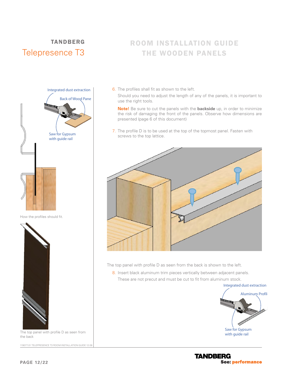 Telepresence t3, Room installation guide the wooden panels, Tandberg | TANDBERG Telepresence T3 User Manual | Page 12 / 22