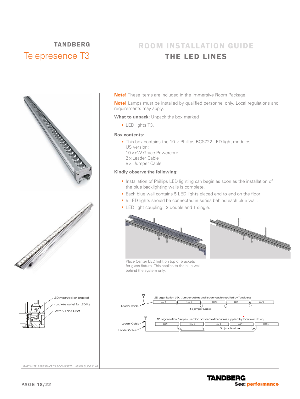 The led lines, Telepresence t3, Room installation guide the led lines | Tandberg, Page 18/22 | TANDBERG Telepresence T3 User Manual | Page 18 / 22