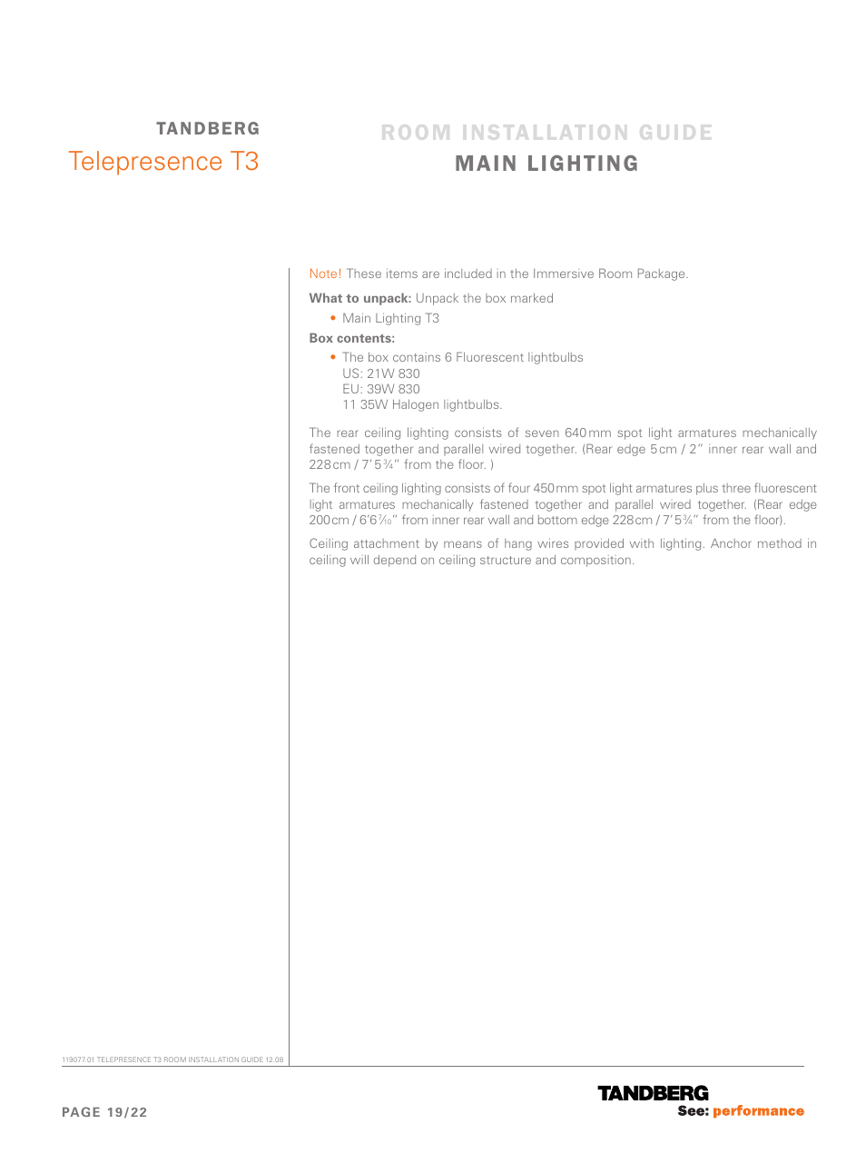 Main lighting, Telepresence t3, Room installation guide main lighting | Tandberg | TANDBERG Telepresence T3 User Manual | Page 19 / 22