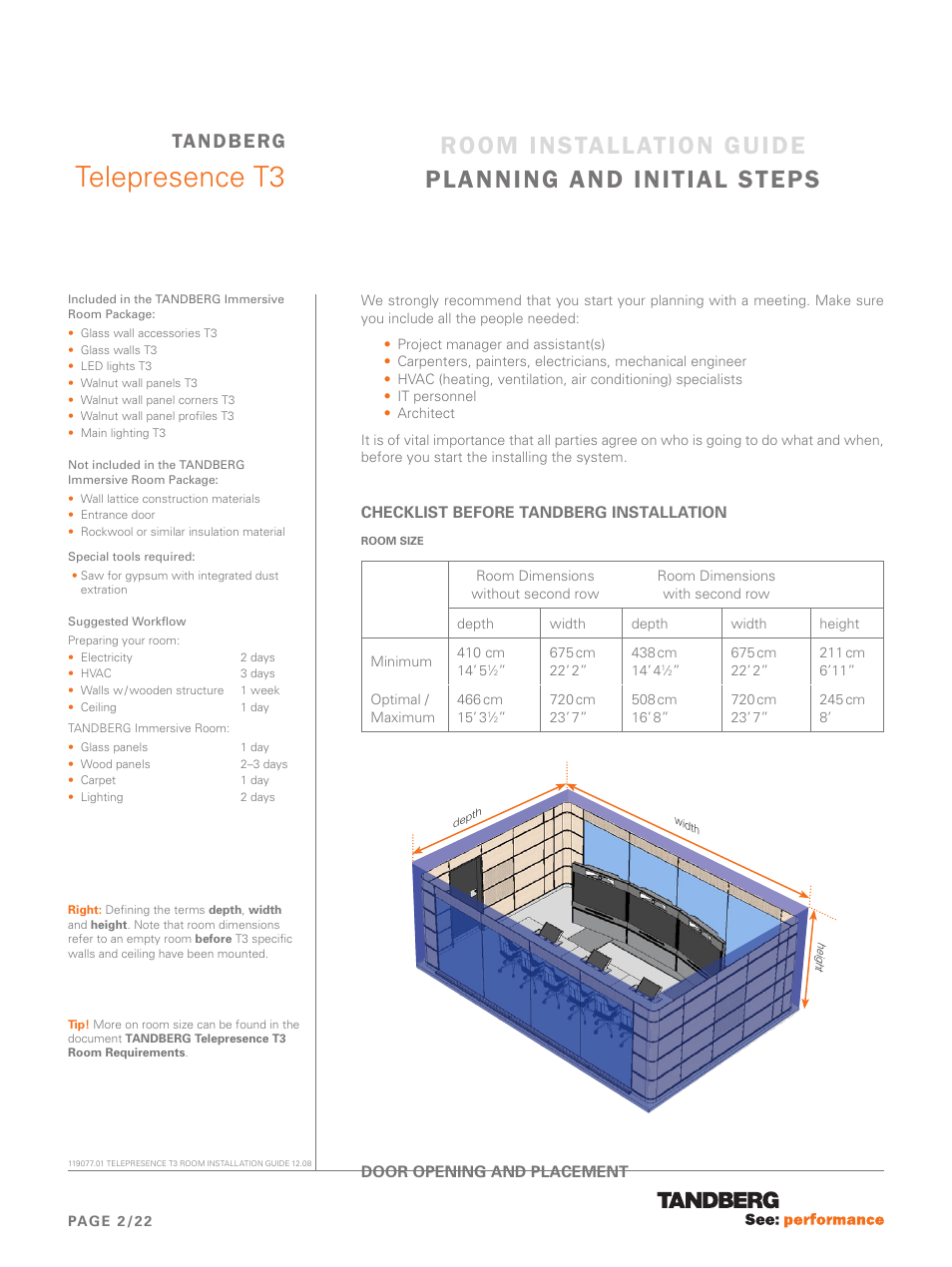 Planning and initial steps, Telepresence t3, Room installation guide planning and initial steps | Tandberg | TANDBERG Telepresence T3 User Manual | Page 2 / 22