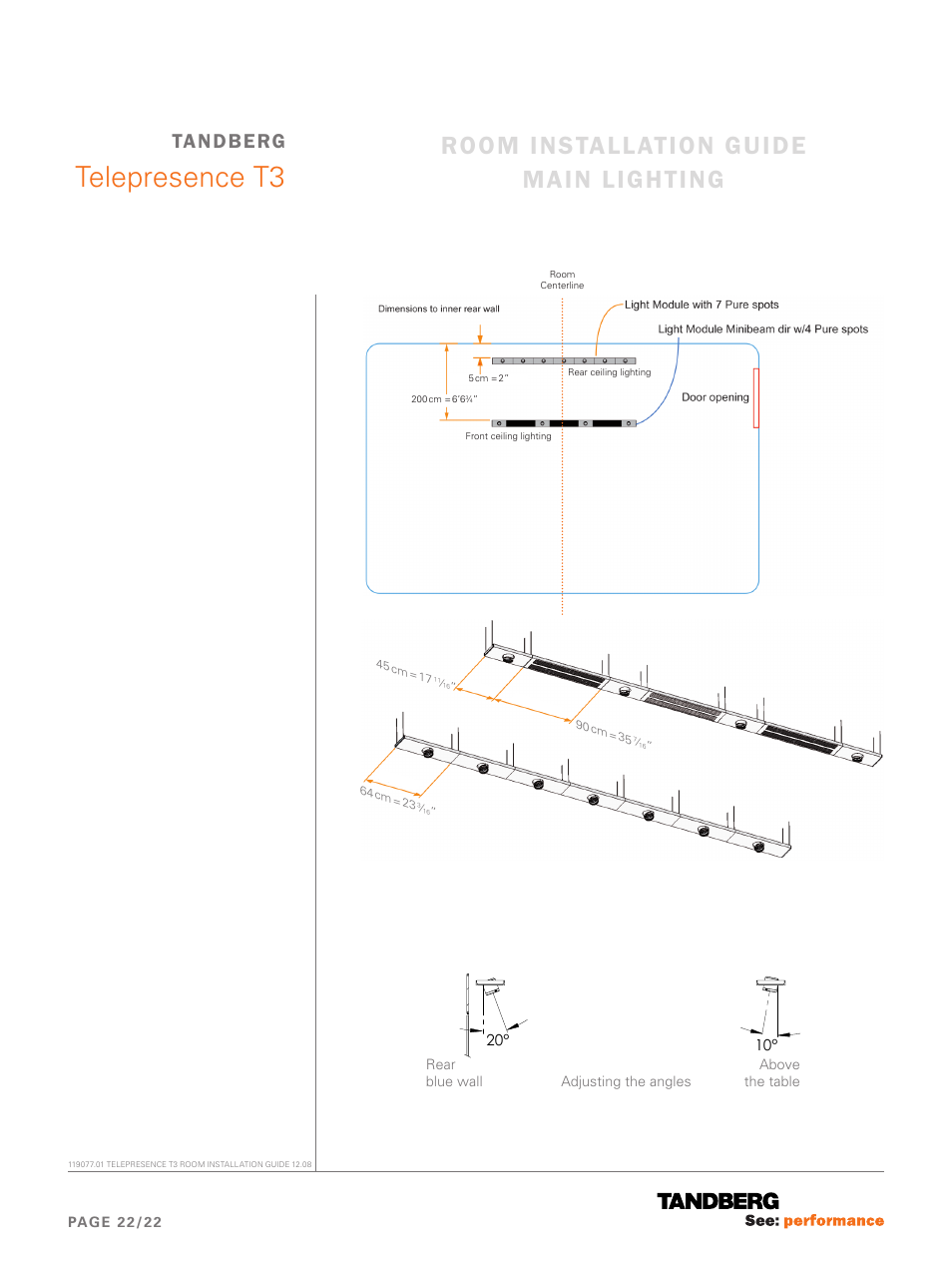 Telepresence t3, Room installation guide main lighting, Tandberg | TANDBERG Telepresence T3 User Manual | Page 22 / 22