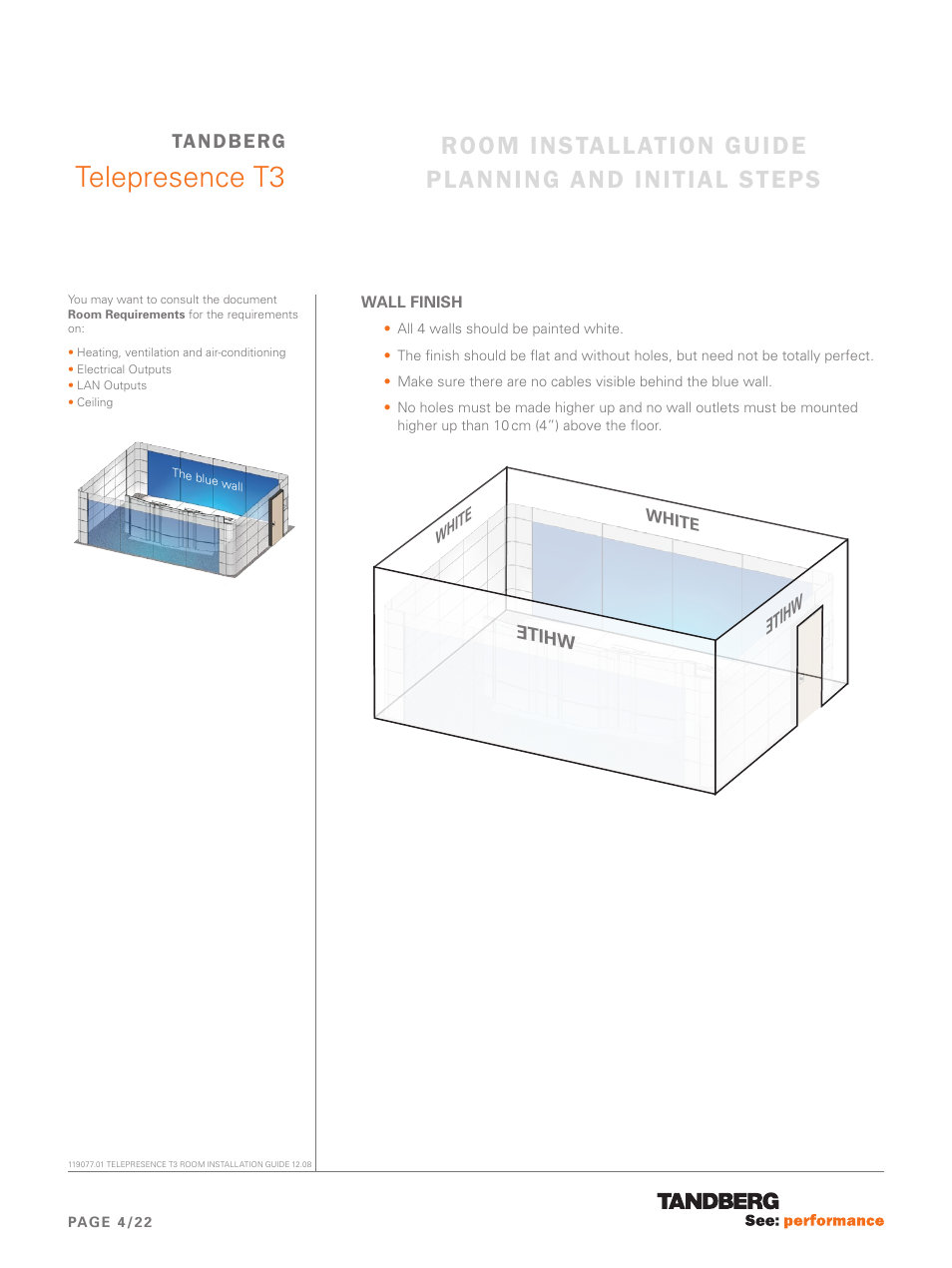 Telepresence t3, Room installation guide planning and initial steps, Tandberg | Whit e | TANDBERG Telepresence T3 User Manual | Page 4 / 22