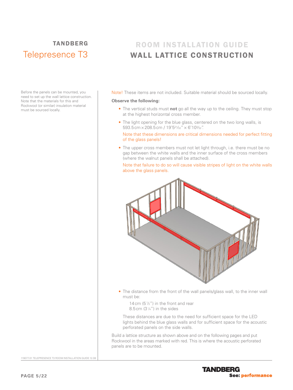 Wall lattice construction, Telepresence t3, Room installation guide wall lattice construction | Tandberg | TANDBERG Telepresence T3 User Manual | Page 5 / 22
