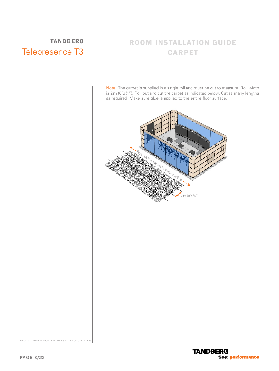 Telepresence t3, Room installation guide carpet, Tandberg | TANDBERG Telepresence T3 User Manual | Page 8 / 22