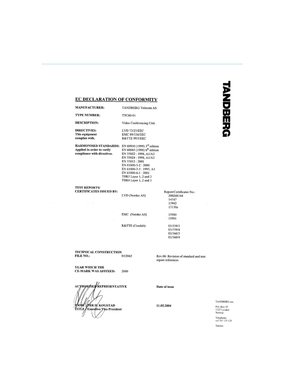Appendix 16, Declaration of conformity | TANDBERG 6000 MXP User Manual | Page 272 / 287