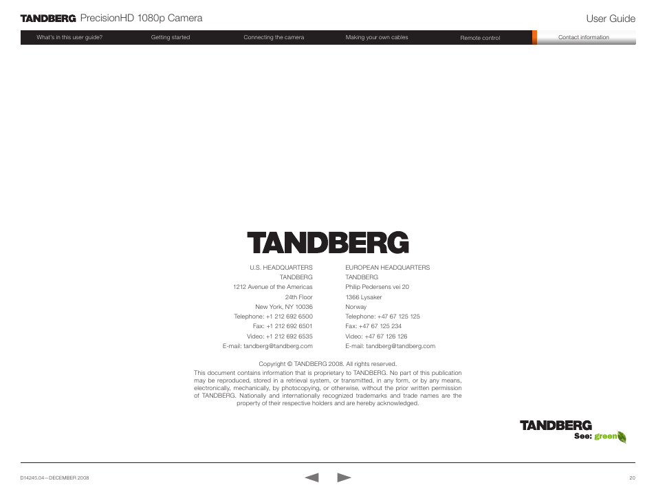Precisionhd 1080p camera user guide | TANDBERG PrecisionHD 1080p User Manual | Page 20 / 20
