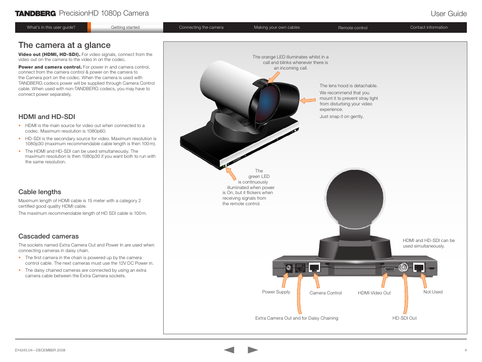 The camera at a glance, Precisionhd 1080p camera user guide, Hdmi and hd-sdi | Cable lengths, Cascaded cameras | TANDBERG PrecisionHD 1080p User Manual | Page 4 / 20