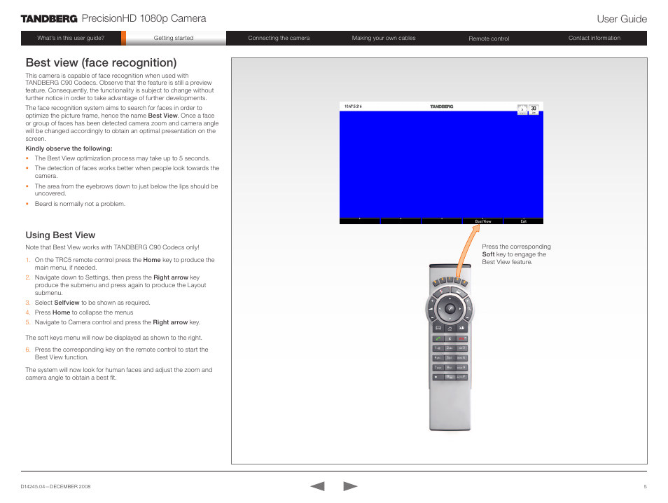 Best view (face recognition) using best view, Best view (face recognition), Precisionhd 1080p camera user guide | Using best view | TANDBERG PrecisionHD 1080p User Manual | Page 5 / 20