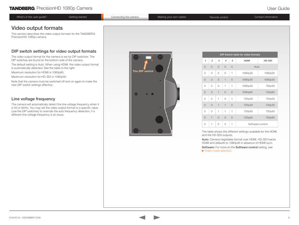 Video output formats, Precisionhd 1080p camera user guide, Dip switch settings for video output formats | Line voltage frequency | TANDBERG PrecisionHD 1080p User Manual | Page 8 / 20