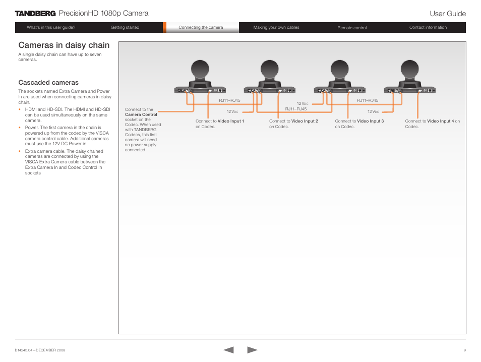 Cameras in daisy chain cascaded cameras, Cameras in daisy chain, Precisionhd 1080p camera user guide | Cascaded cameras | TANDBERG PrecisionHD 1080p User Manual | Page 9 / 20