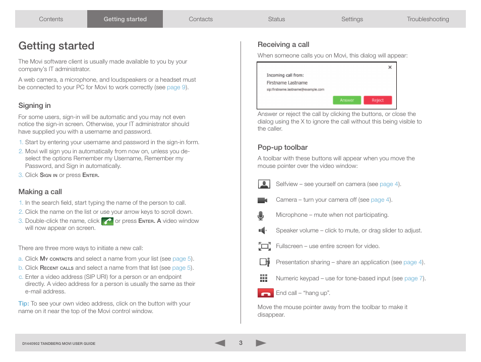 Getting started, Signing in, Making a call | Receiving a call, Pop-up toolbar | TANDBERG Movi 3.0 D1440902 User Manual | Page 3 / 10