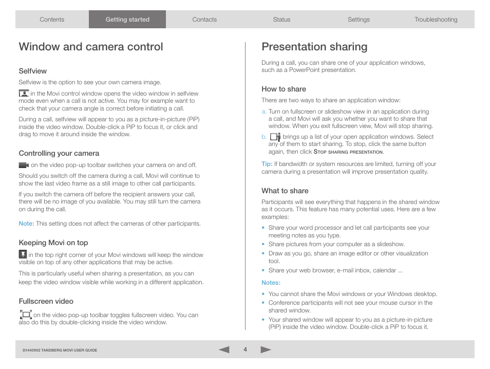 Window and camera control, Selfview, Controlling your camera | Keeping movi on top, Fullscreen video, Presentation sharing, How to share, What to share, How to share what to share | TANDBERG Movi 3.0 D1440902 User Manual | Page 4 / 10