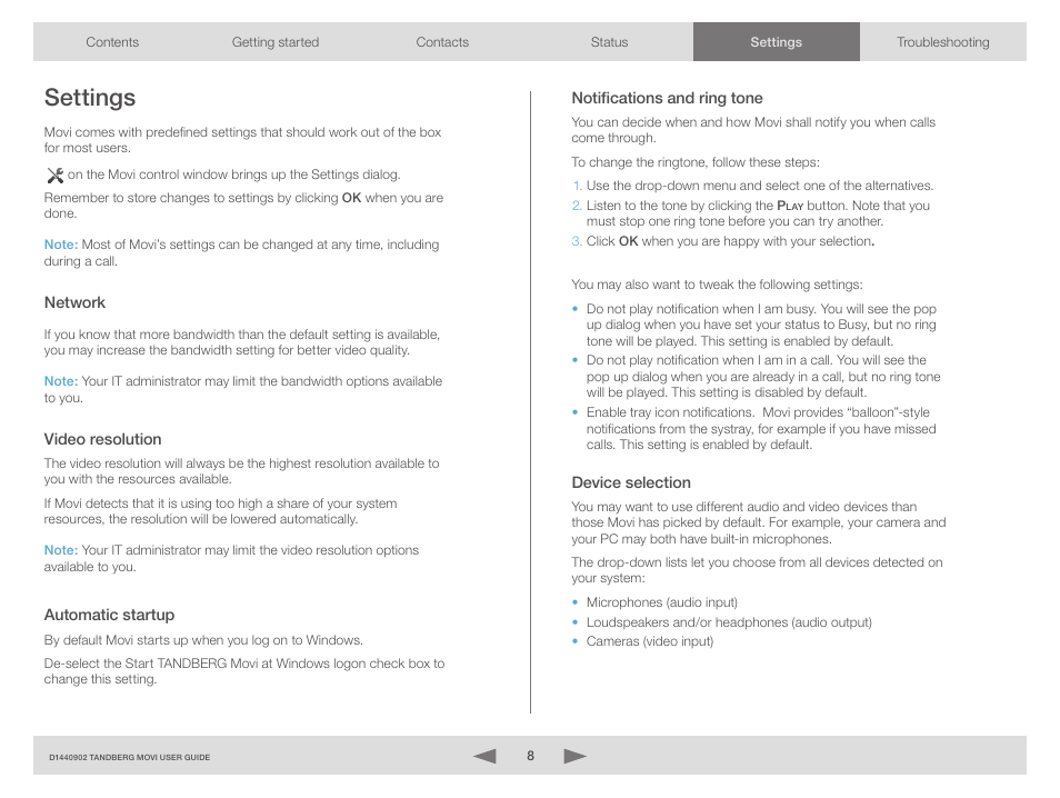 Settings, Network, Video resolution | Notifications and ring tone, Device selection | TANDBERG Movi 3.0 D1440902 User Manual | Page 8 / 10