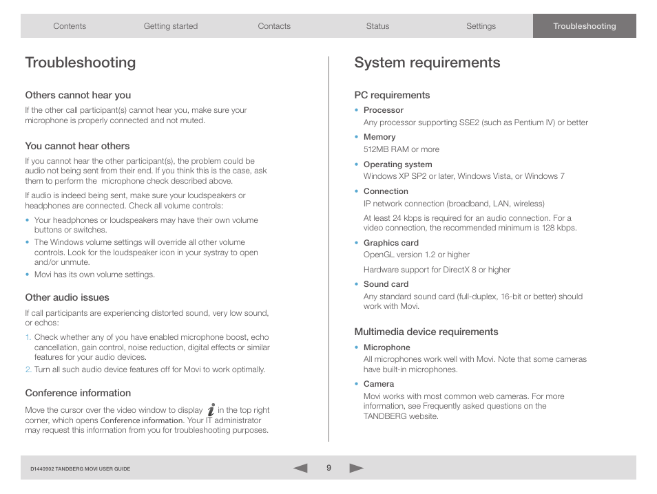 Troubleshooting, Others cannot hear you, You cannot hear others | Other audio issues, Traffic data, System requirements, Pc requirements, Multimedia device requirements, Pc requirements multimedia device requirements | TANDBERG Movi 3.0 D1440902 User Manual | Page 9 / 10