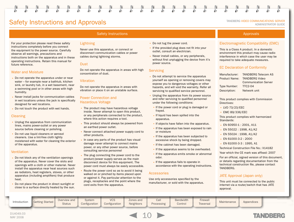 Safety instructions and approvals, Safety instructions, Water and moisture | Cleaning, Ventilation, Lightning, Dust, Vibration, Power connection and hazardous voltage, Servicing | TANDBERG Security Camera User Manual | Page 10 / 247