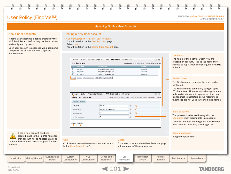 Managing findme user accounts, About user accounts, Creating a new user account | About user accounts creating a new user account, Creates a user account, User policy (findme™) | TANDBERG Security Camera User Manual | Page 101 / 247