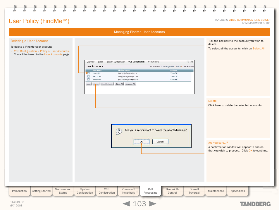 Deleting a user account, User policy (findme™) | TANDBERG Security Camera User Manual | Page 103 / 247