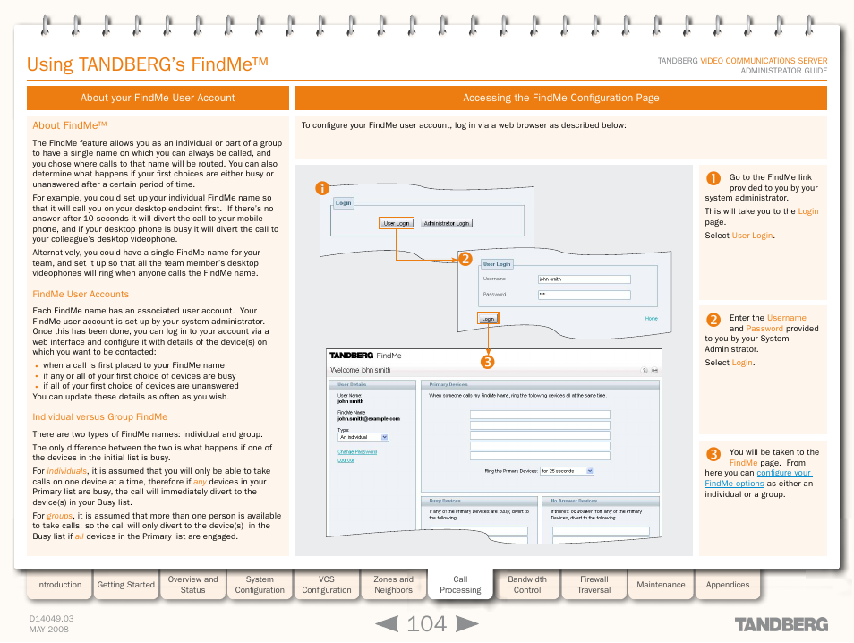 Using tandberg’s findme, About your findme user account, About findme | Findme user accounts, Individual versus group findme | TANDBERG Security Camera User Manual | Page 104 / 247