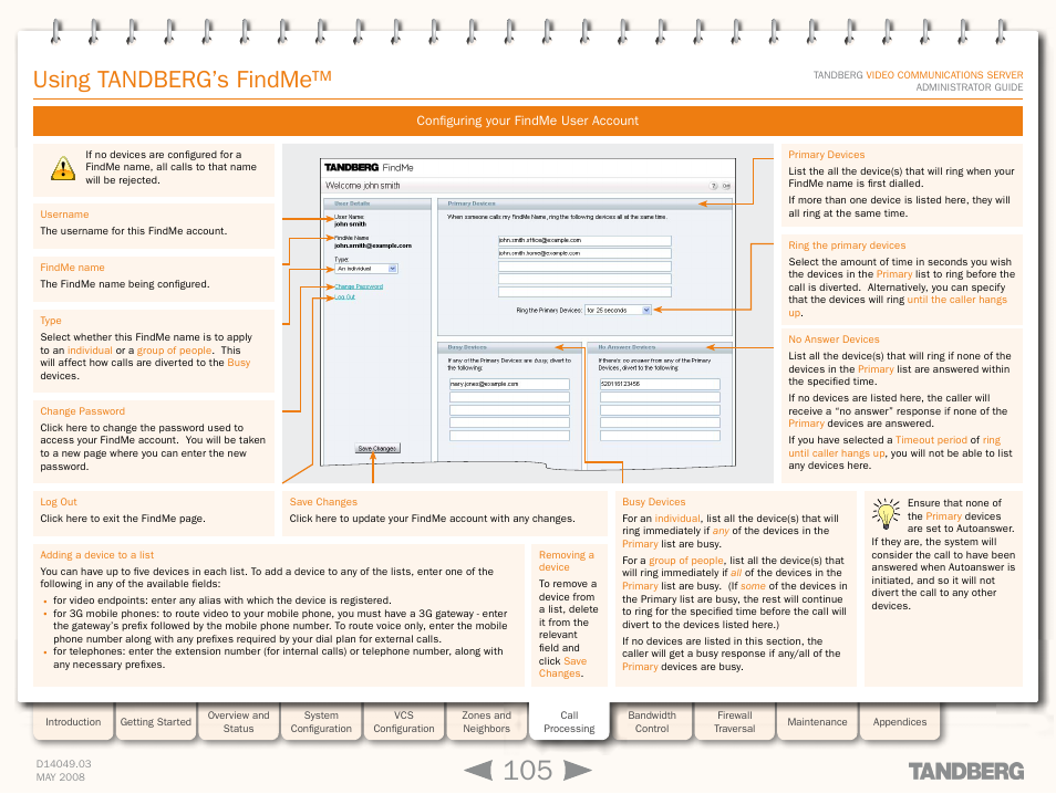 Configuring your findme user account, Configures their account, Settings | Configure your, Findme options, Using tandberg’s findme | TANDBERG Security Camera User Manual | Page 105 / 247