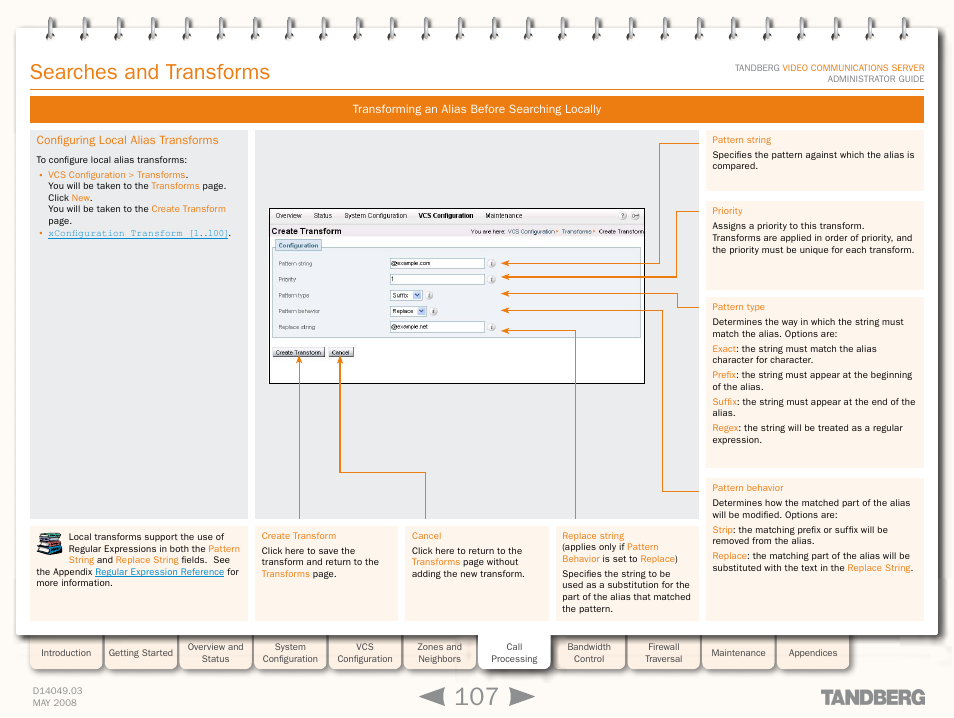 Configuring local alias transforms, Searches and transforms | TANDBERG Security Camera User Manual | Page 107 / 247