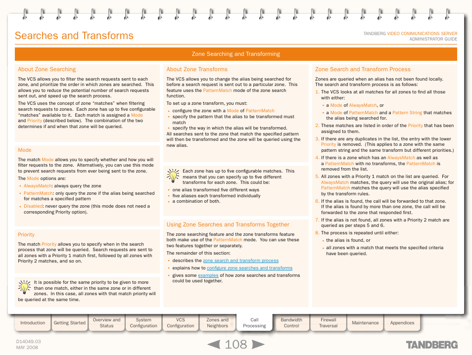 Zone searching and transforming, About zone searching, Mode | Priority, About zone transforms, Using zone searches and transforms together, Zone search and transform process, Mode priority, Transforms, Zone | TANDBERG Security Camera User Manual | Page 108 / 247