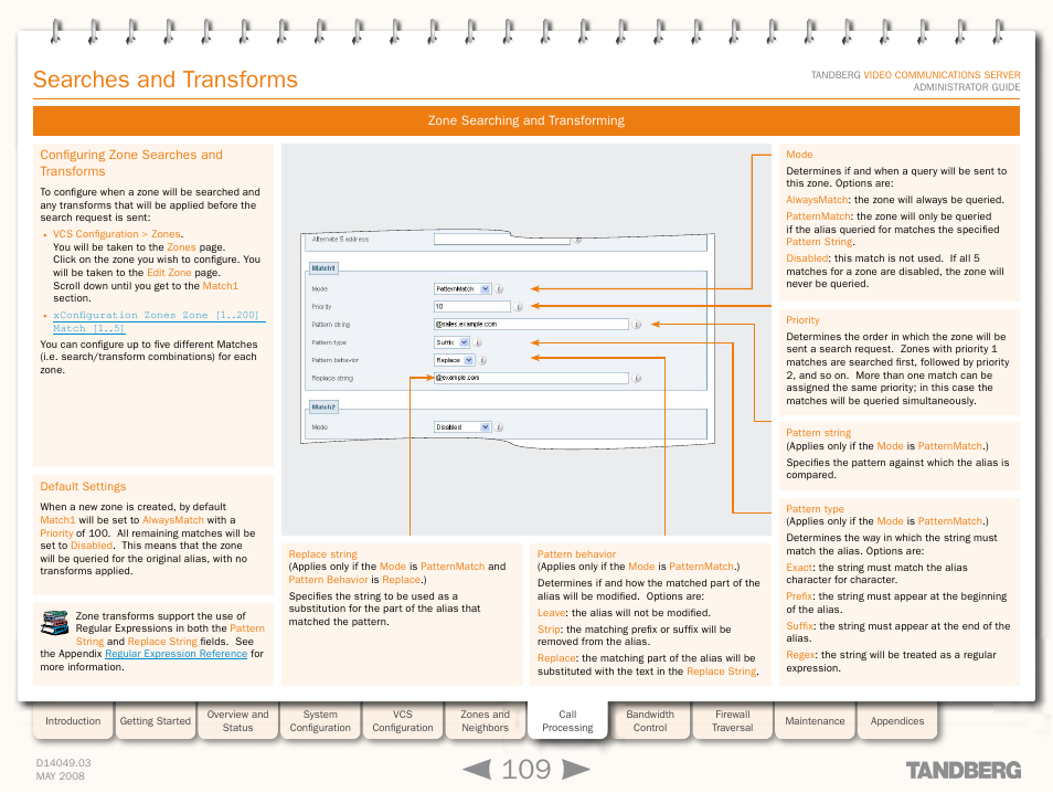 Configuring zone searches and transforms, Default settings, Searches and transforms | TANDBERG Security Camera User Manual | Page 109 / 247