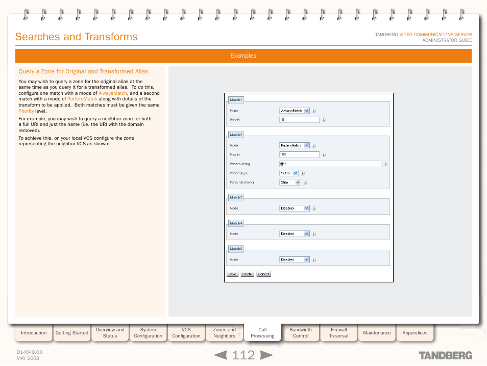 Query a zone for original and transformed alias, Searches and transforms | TANDBERG Security Camera User Manual | Page 112 / 247