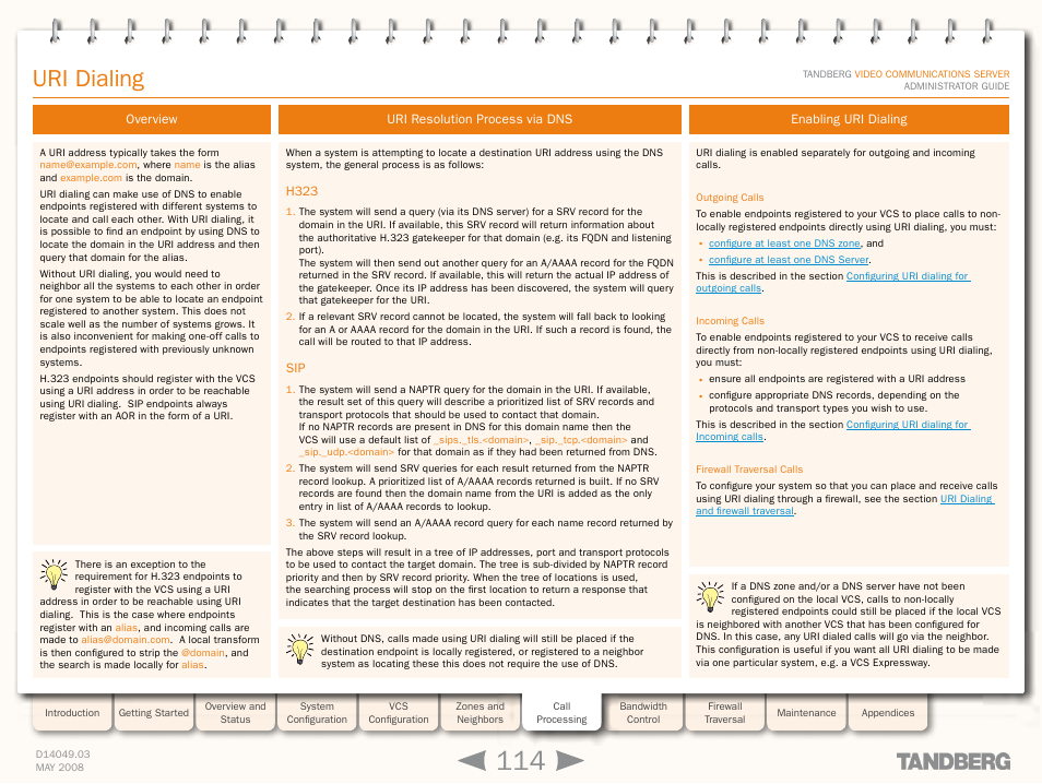 Uri dialing, Overview, Uri resolution process via dns | H323, Enabling uri dialing, Overview uri resolution process via dns, H323 sip | TANDBERG Security Camera User Manual | Page 114 / 247