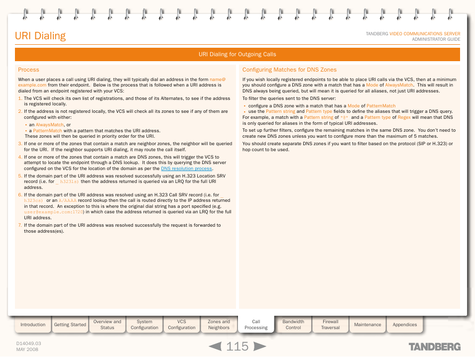 Uri dialing for outgoing calls, Process, Configuring matches for dns zones | Process configuring matches for dns zones, Configuring uri dialing for, Outgoing calls, Uri dialing | TANDBERG Security Camera User Manual | Page 115 / 247