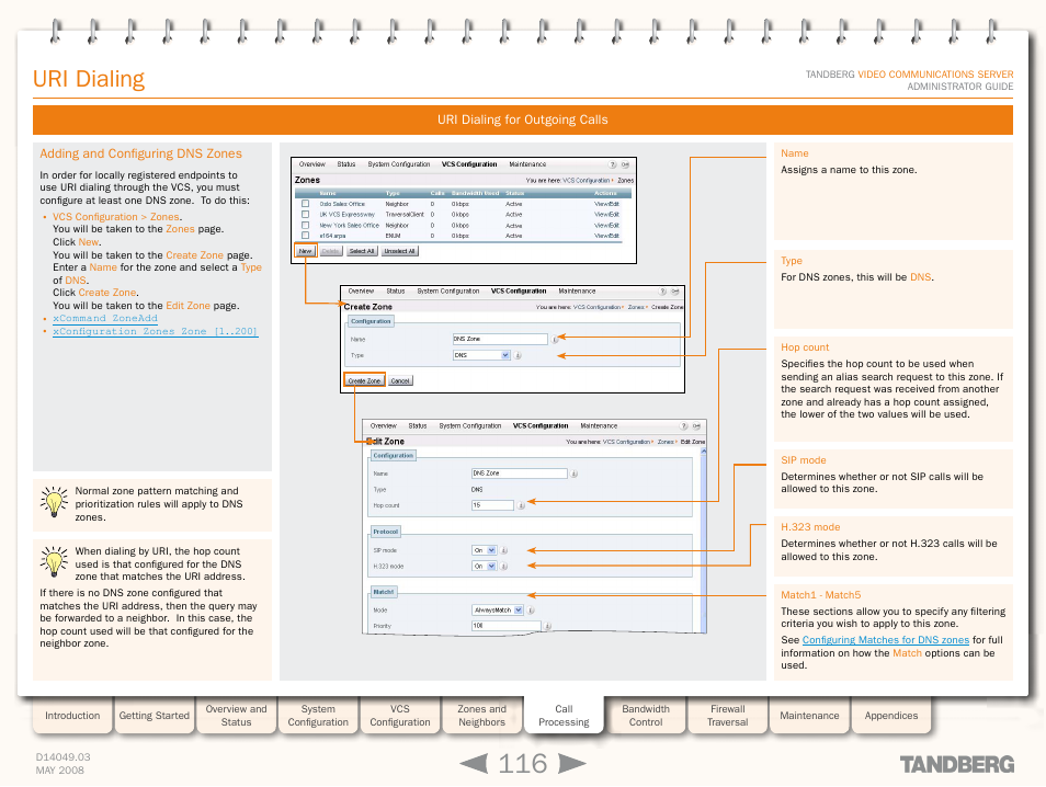 Adding and configuring dns zones, Uri dialing, Configure at least one dns zon | TANDBERG Security Camera User Manual | Page 116 / 247