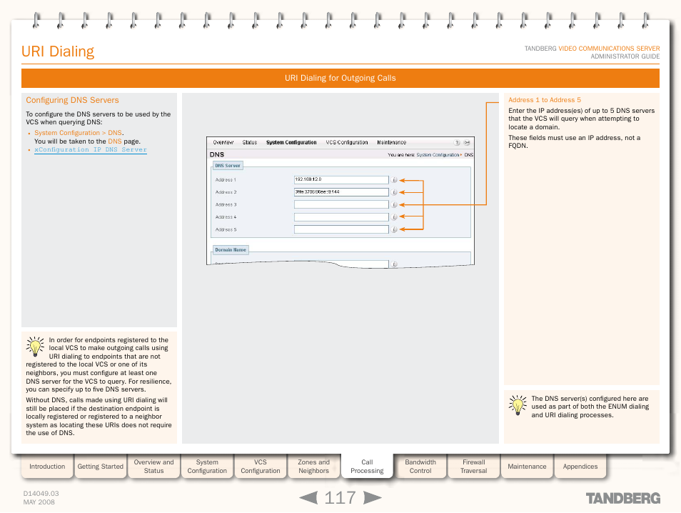 Configuring dns servers, Configure at least one dns serve, Uri dialing | TANDBERG Security Camera User Manual | Page 117 / 247