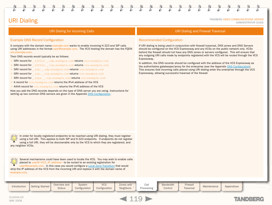 Example dns record configuration, Uri dialing and firewall traversal, Recommended configuration | Uri dialing, And firewall traversal | TANDBERG Security Camera User Manual | Page 119 / 247