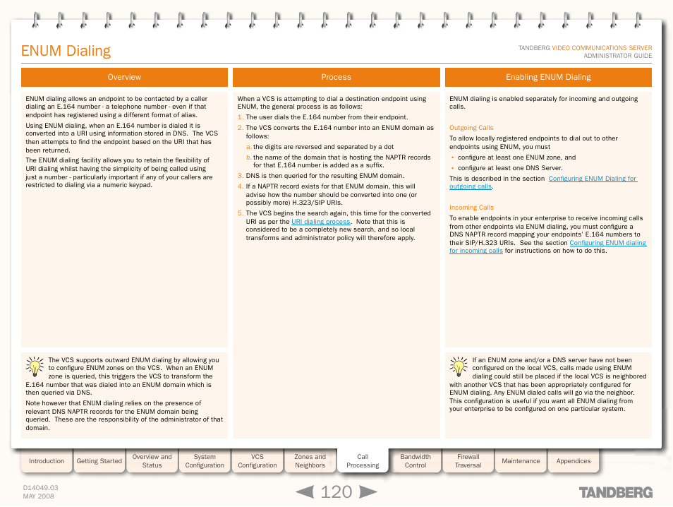 Enum dialing, Overview, Process | Enabling enum dialing, Overview process enabling enum dialing | TANDBERG Security Camera User Manual | Page 120 / 247