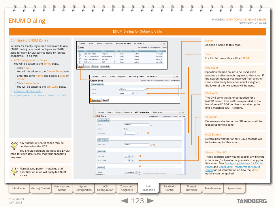 Configuring enum zones, Configure an enum zone, Enum dialing | TANDBERG Security Camera User Manual | Page 123 / 247