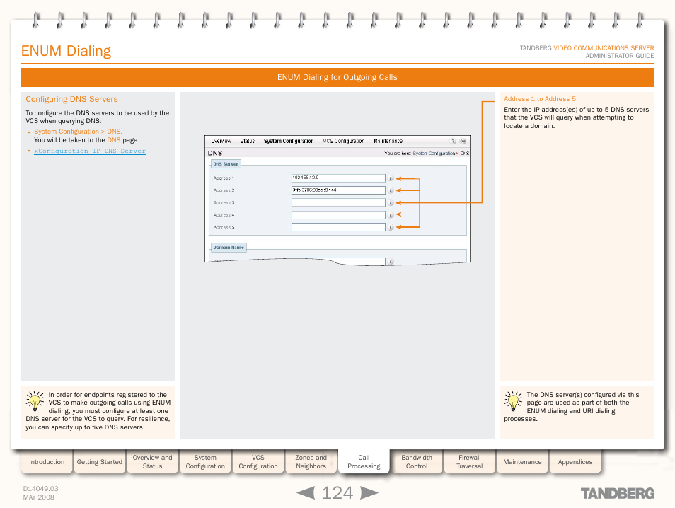 Configuring dns servers, One dns server, Enum dialing | TANDBERG Security Camera User Manual | Page 124 / 247