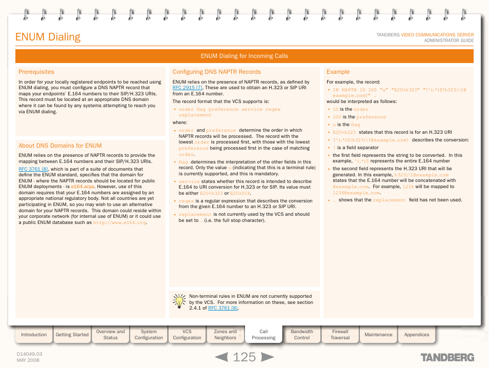 Enum dialing for incoming calls, Prerequisites, About dns domains for enum | Configuring dns naptr records, Example, Configuring enum dialing, For incoming calls, Enum dialing | TANDBERG Security Camera User Manual | Page 125 / 247