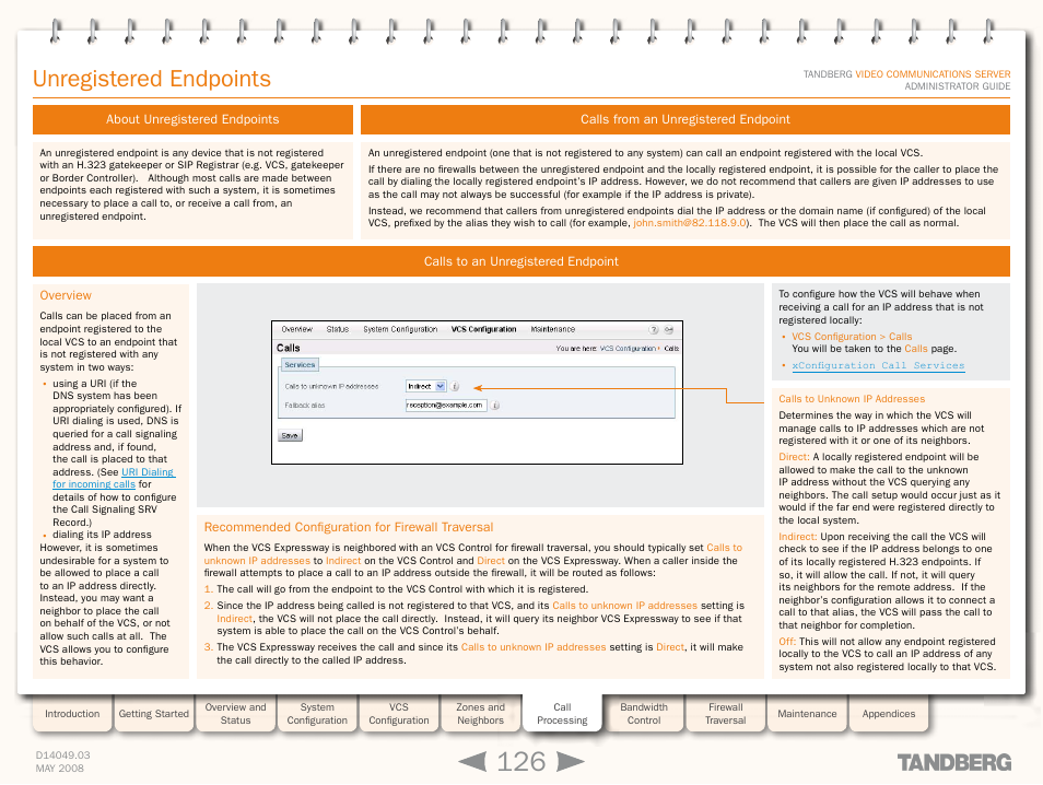 Unregistered endpoints, About unregistered endpoints, Calls to an unregistered endpoint | Overview, Recommended configuration for firewall traversal, Calls from an unregistered endpoint, Calls to unknown ip addresses | TANDBERG Security Camera User Manual | Page 126 / 247