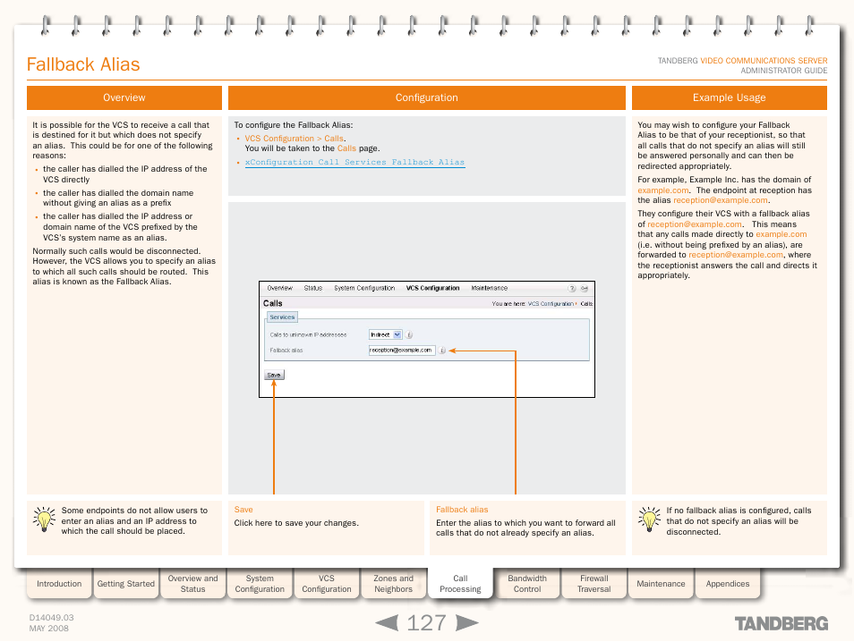 Fallback alias, Overview, Configuration | Example usage, Overview configuration example usage | TANDBERG Security Camera User Manual | Page 127 / 247