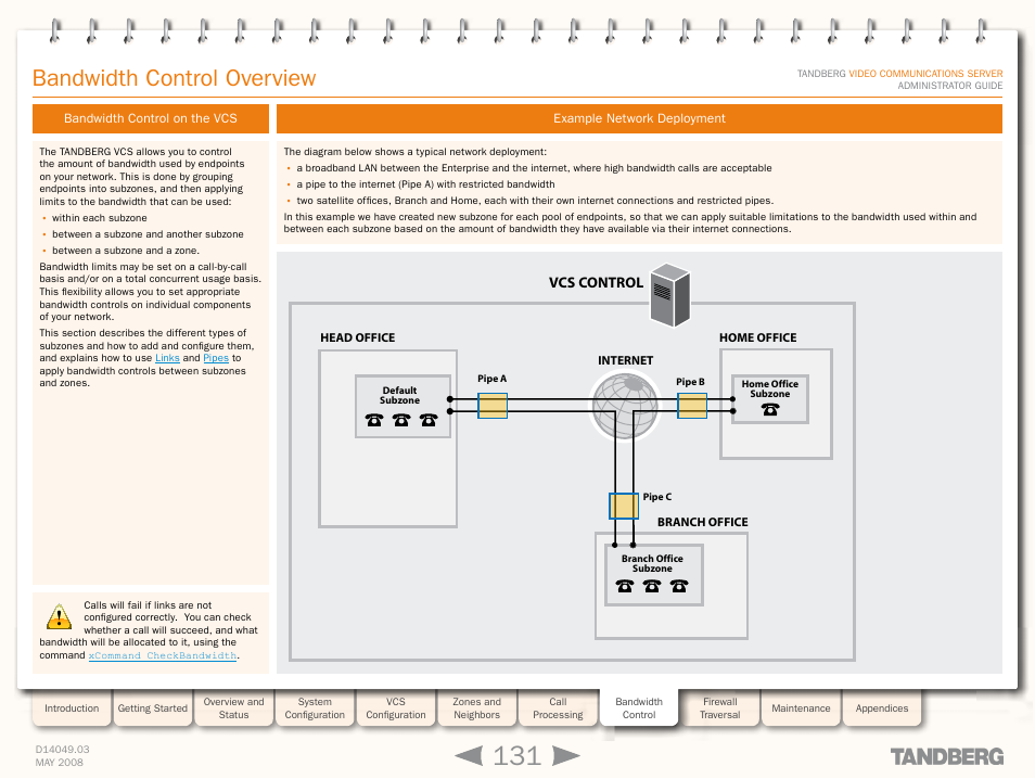 Bandwidth control overview, Bandwidth control on the vcs, Example network deployment | TANDBERG Security Camera User Manual | Page 131 / 247