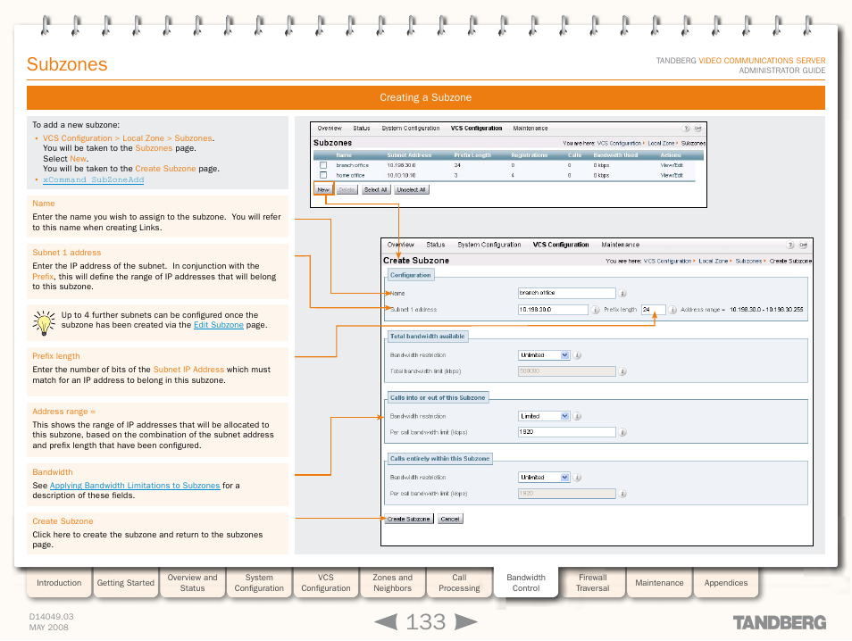 Creating a subzone, Subzones | TANDBERG Security Camera User Manual | Page 133 / 247