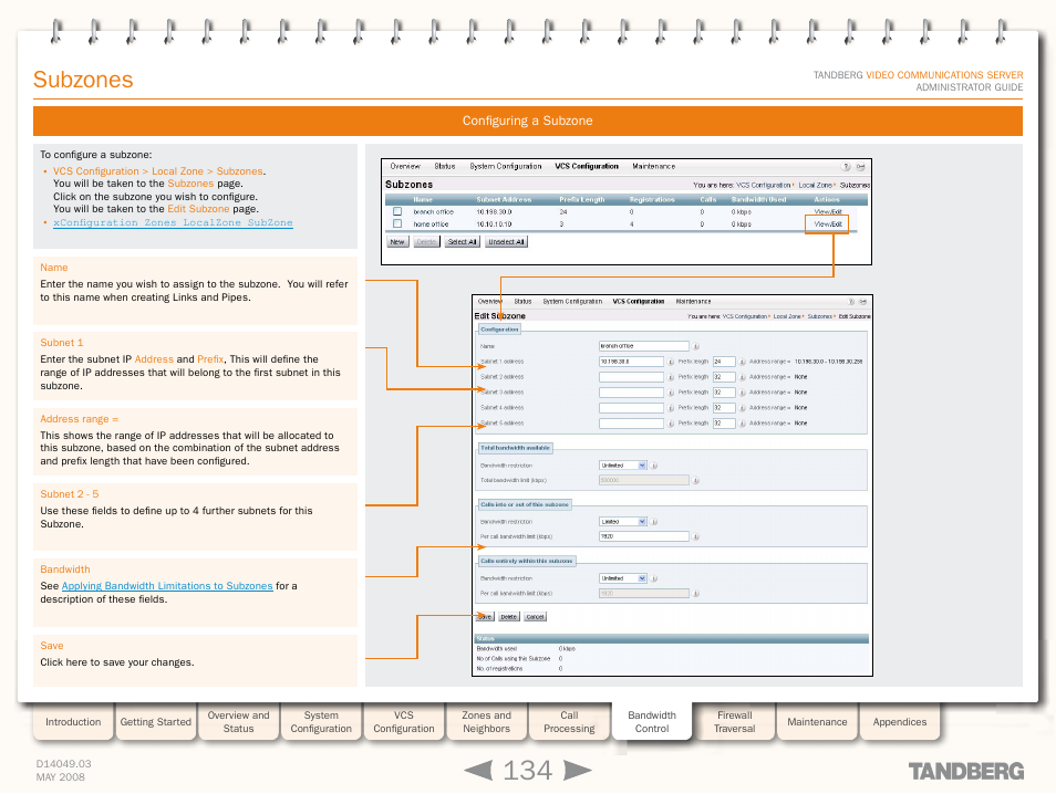 Configuring a subzone, Edit subzone, Subzones | TANDBERG Security Camera User Manual | Page 134 / 247