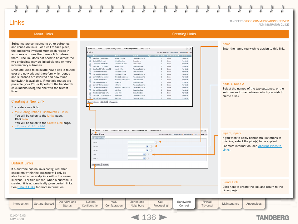 Links, About links, Creating a new link | Default links, Creating links, Creating a new link default links | TANDBERG Security Camera User Manual | Page 136 / 247