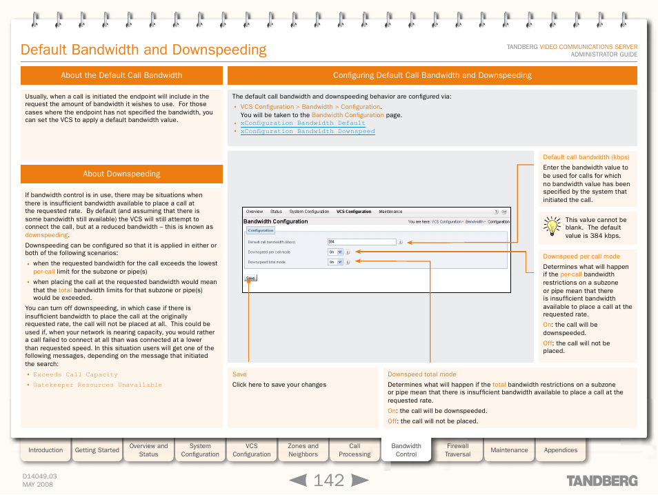 Default bandwidth and downspeeding, About the default call bandwidth, About downspeeding | TANDBERG Security Camera User Manual | Page 142 / 247