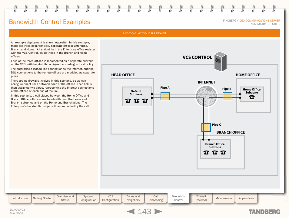 Bandwidth control examples, Example without a firewall, Vcs control | TANDBERG Security Camera User Manual | Page 143 / 247