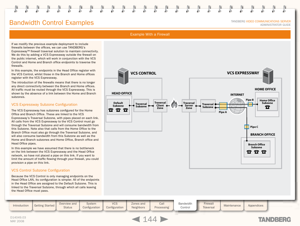 Example with a firewall, Vcs expressway subzone configuration, Vcs control subzone configuration | Bandwidth control examples | TANDBERG Security Camera User Manual | Page 144 / 247